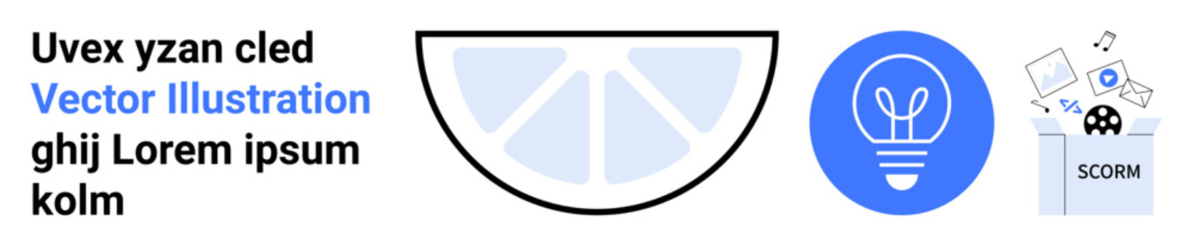 Education, creativity, learning, innovation, online courses, e-learning tools. Abstract lemon slice, light bulb SCORM elements. Creativity and education focused iconography for digital learning