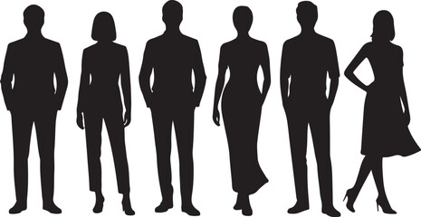 A group of six people depicted as black silhouettes standing in a line