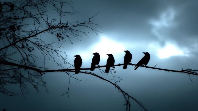 Five dark silhouettes of birds perch on a bare branch beneath a moody blue sky with thin dim clouds