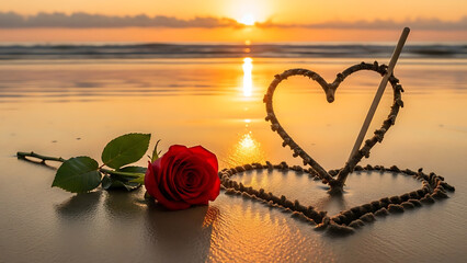 Red rose and heart shape on sandy beach at sunset