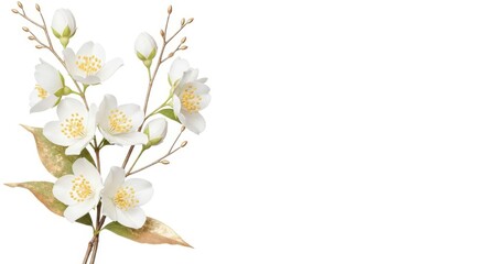 Fototapeta premium Beautiful white flowers with green leaves on white background