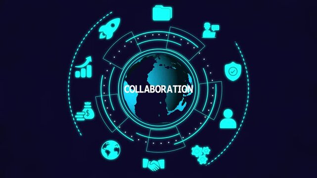 `Digital collaboration concept with global network interface, teamwork icons, data sharing and modern business technology.