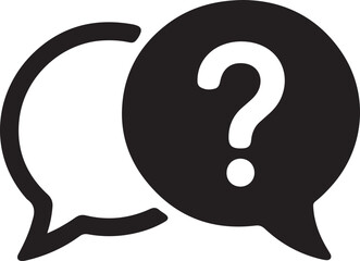 A black and white illustration of a speech bubble with a question mark
