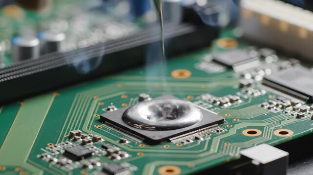 Expert hands skillfully apply thermal paste on a circuit board to ensure optimal heat transfer.