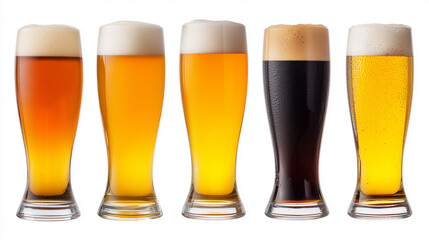 A row of five beer glasses shows a spectrum from pale golden to deep stout, each with a foamy head. Perfect for themes of variety, tasting, and social celebration.