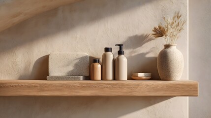 Minimalist Bathroom Shelf with Skincare Products and Dried Flowers.