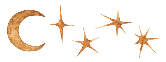 Watercolor crescent moon star set hand painted antique gold texture magic astrology boho isolated element © KatrinColourArt