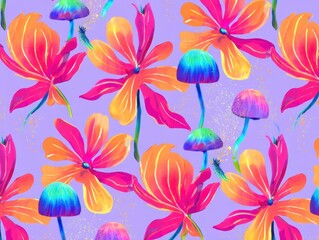 Vibrant Floral and Mushroom Pattern