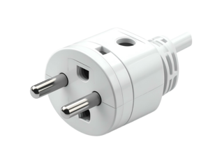 White, three-prong, grounded electrical plug adapter with ribbed grip