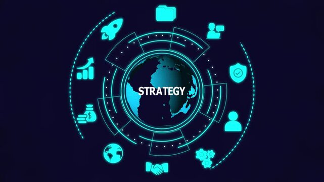 Professional corporate strategy map infographic with a central planning icon and four key pillars for business development and execution goals.