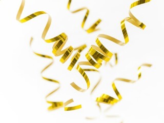 Golden curly ribbon streamers falling isolated on white background for celebration decoration