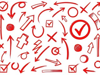 Collection of various red checkmark and arrow symbols on white background for business or design use online
