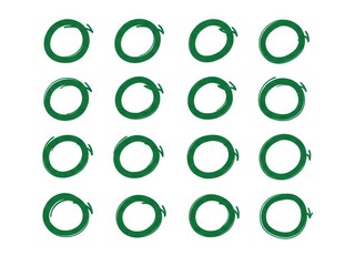 Green plastic or metal rings arranged in four rows on a white background for industrial or crafting use