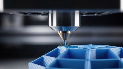 A close-up of a 3D printer nozzle creating a blue object with plastic filament. The additive manufacturing process in action. Modern technology and rapid prototyping concept