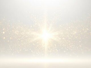 Sparkling light beam with golden particles on white background shining brightly