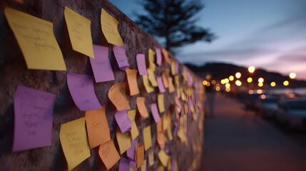 Colorful sticky notes on a stone wall at dusk blurred background lights