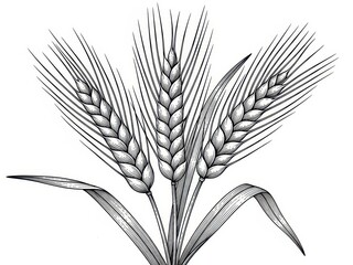 Black and white illustration of wheat ears isolated on white background with leaves