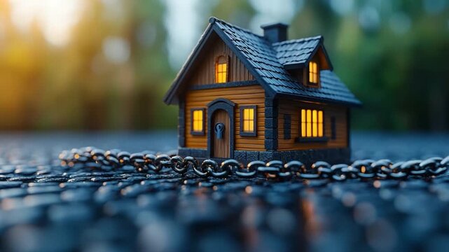 Home Security: A miniature home, symbolizes protection and security, encircled by a robust chain, with blurred background