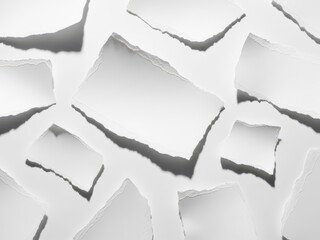 Torn paper pieces scattered on a white surface with soft shadows, top view