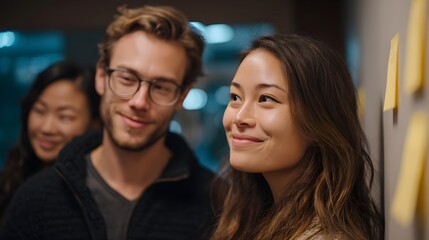 Team of colleagues collaborating and brainstorming ideas with sticky notes on a wall in an office environment