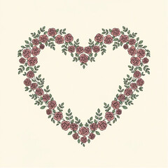 Obraz premium A delicate heart-shaped floral wreath composed of vibrant red roses and lush green leaves, evokes feelings of love and affection. 