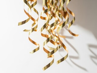 Hanging golden metallic curling streamers with shadow on white surface