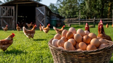 Freshly collected eggs in a basket outside a hen house during a sunny afternoon on a farm with grazing chickens