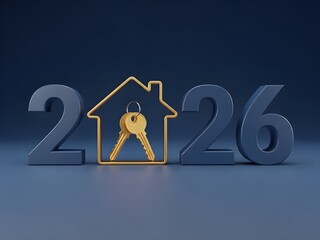 A gold key with a house outline and the year 2026 in large blue numbers