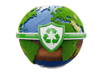 Earth with green recycling symbol shield protecting the globe from pollution and environmental harm with eco friendly recycling symbol on Transparent background