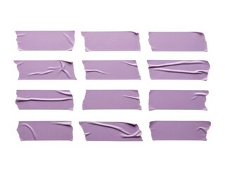 Collection of twelve torn purple masking tape pieces with wrinkles, isolated on white background