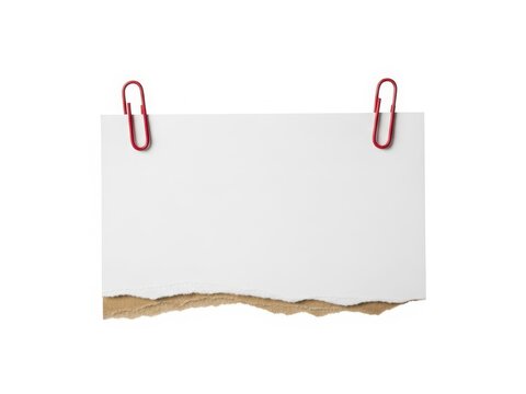 Torn piece of white paper held by two red paper clips, isolated on white background