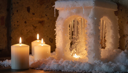 Lantern surrounded by snow and candles creating a cozy atmosphere for winter celebration