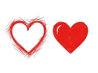 Two red hand drawn hearts, one outline and one filled, isolated on white background