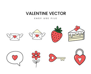 Valentine vector set love letters, strawberry, cake slice, flower, key, and heart lock icons