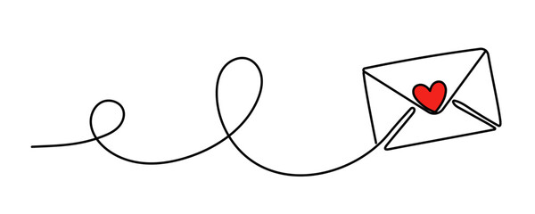 Continuous one line drawing of envelope with heart. Template for love cards and invitations. Love letter. Vector illustration. Editable stroke