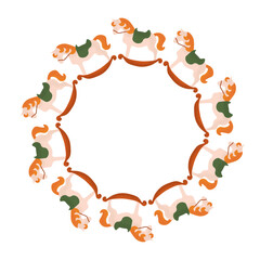 Cute round frame with vintage rocking horses. Classic holiday toy for Christmas design and nostalgic decor