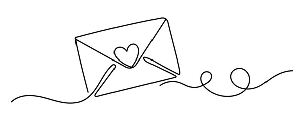 Continuous one line drawing of envelope with heart. Template for love cards and invitations. Love letter. Vector illustration. Editable stroke