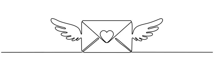 Continuous one line drawing of envelope with heart. Template for love cards and invitations. Love letter. Vector illustration. Editable stroke