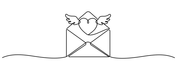 Continuous one line drawing of envelope with heart. Template for love cards and invitations. Love letter. Vector illustration. Editable stroke
