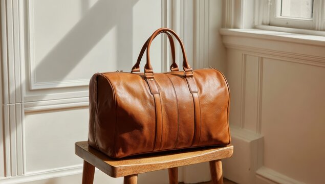 Elegant Leather Bag on Wooden Stool: An expertly crafted, rich brown leather bag sits atop a classic wooden stool in a space, creating a perfect blend of style and elegance.