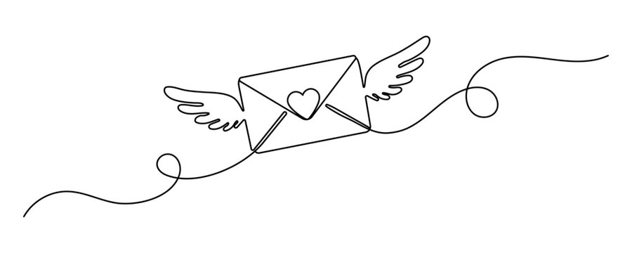 Continuous one line drawing of envelope with heart. Template for love cards and invitations. Love letter. Vector illustration. Editable stroke