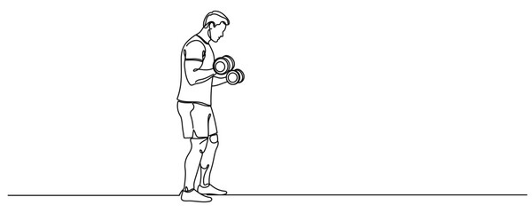Naklejka premium One Line Drawing or Continuous Line Art of a guy with dumbbells. Vector Illustration Editable stroke