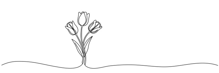 Obraz premium Three tulips. Flowers. Continuous line Editable stroke