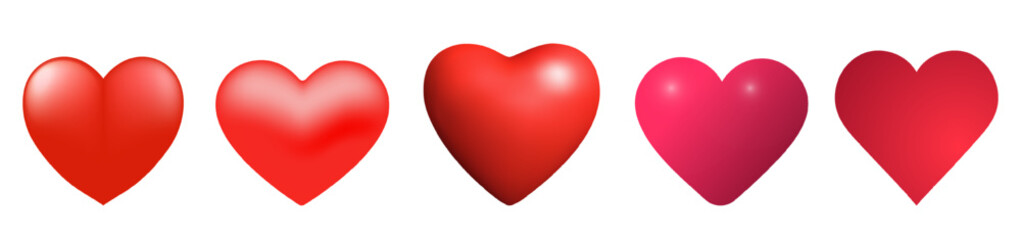Set of red realistic hearts icon in different angles isolated on white background. Perfect for romantic Valentines Day, Mother day, wedding or birthday greeting card Vector illustration love symbol