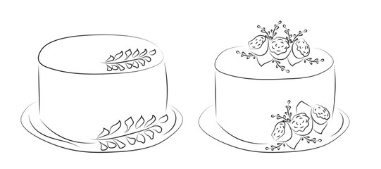 Elegant line art of two decorated cakes on plates. Minimal dessert illustration perfect for coloring pages, pastry logos, bakery branding and recipe book design