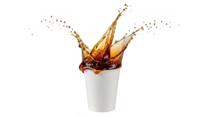 Coffee Splash from a White Paper Cup isolated on transparent background Keywords: coffee, splash