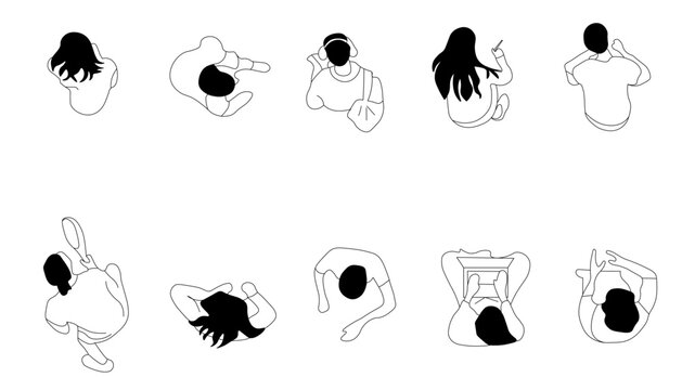 Set of 10 people silhouettes - top view line art for CAD floor plans