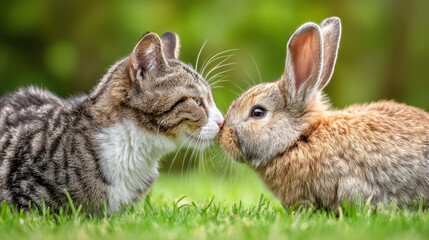 Naklejka premium cat and rabbit touching noses in green background