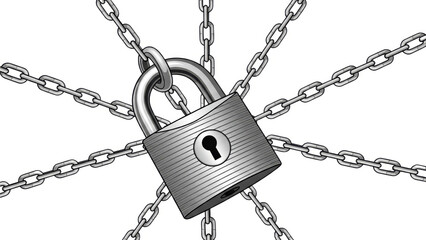 Black and white illustration of a padlock secured by multiple chains