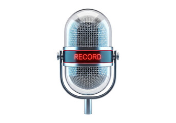 Vintage microphone with red record sign on blue band, isolated on Transparent background, professional recording equipment, music production, podcasting, broadcasting, studio gear, audio